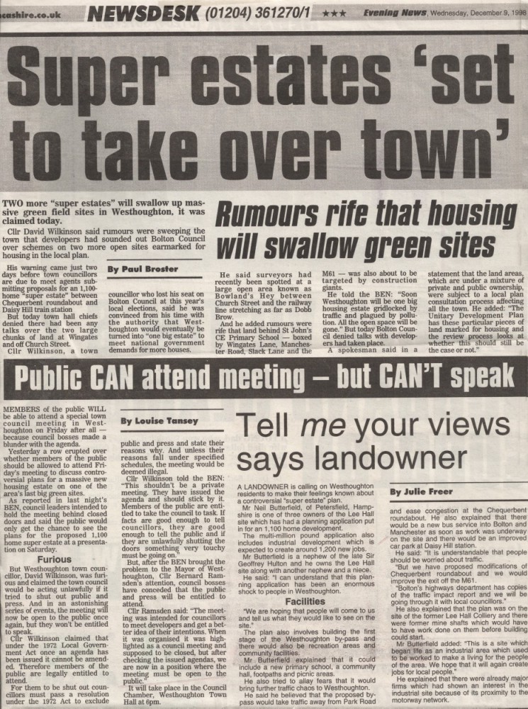 Bolton News Article 9th December 1998: 'Super Estates Set to Take Over Town' (Westhoughton)